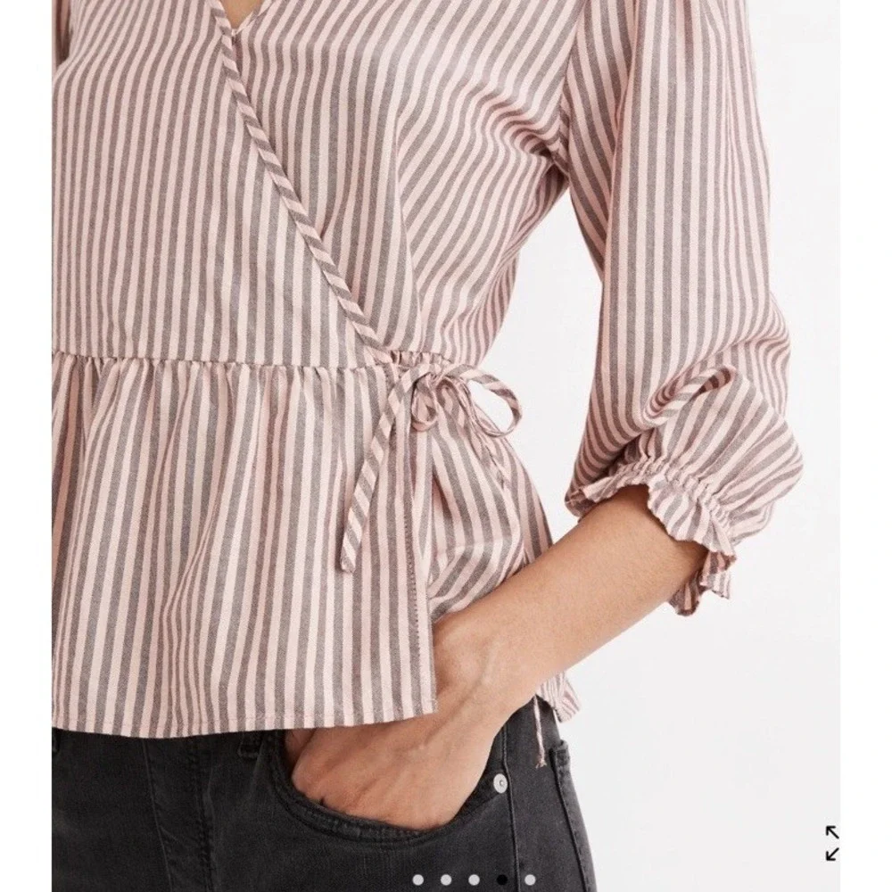 Madewell Pink Stripe Wrap Blouse Sweet Tulip Top 3/4 Puff Sleeve Tie Waist XS